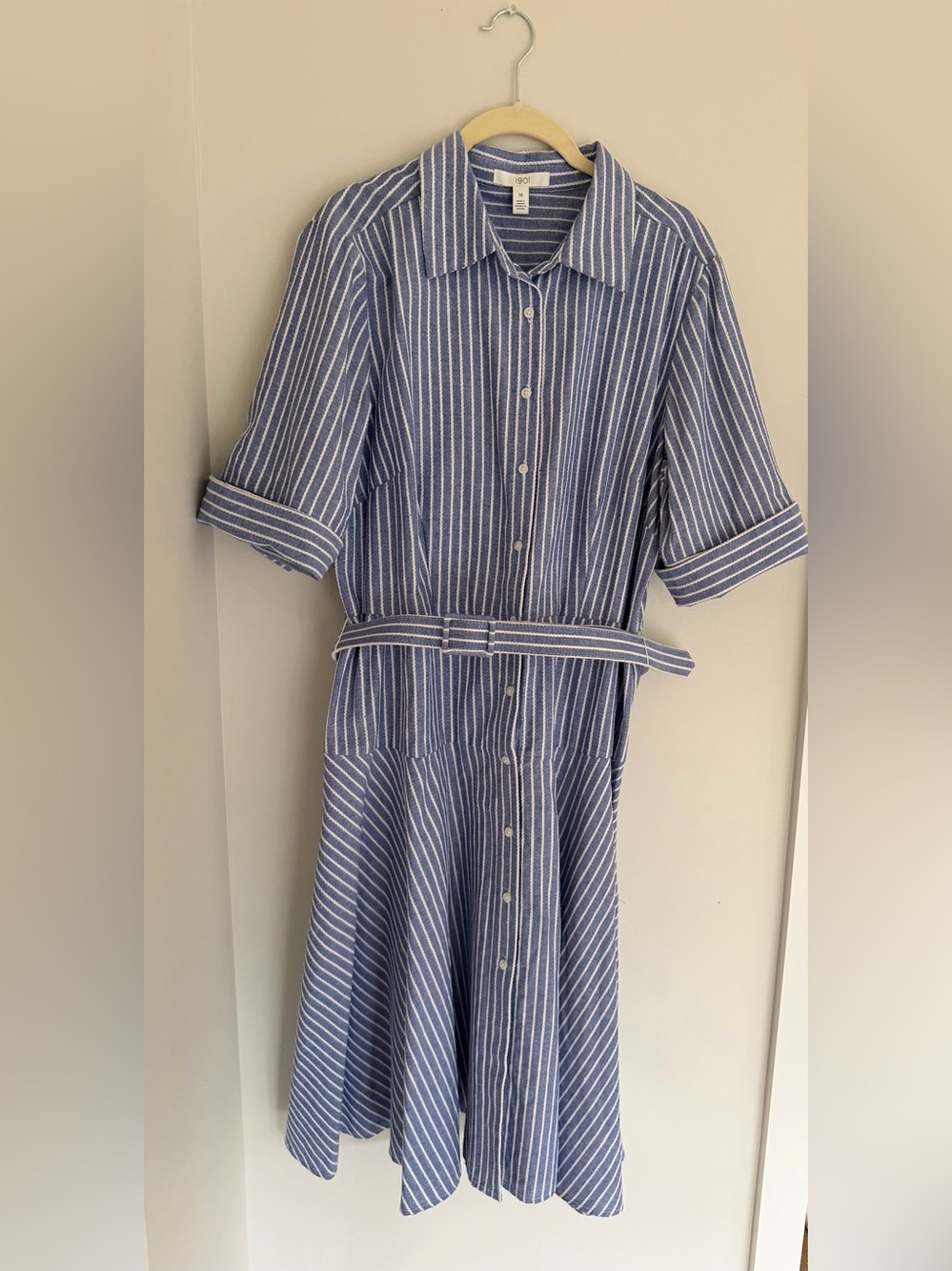 1901 Blue and White Striped Midi Shirt Dress